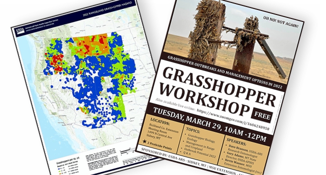 Picture of the 2022 APHIS outbreak hazard map and a poster for the March 29th Grasshopper Workshop.